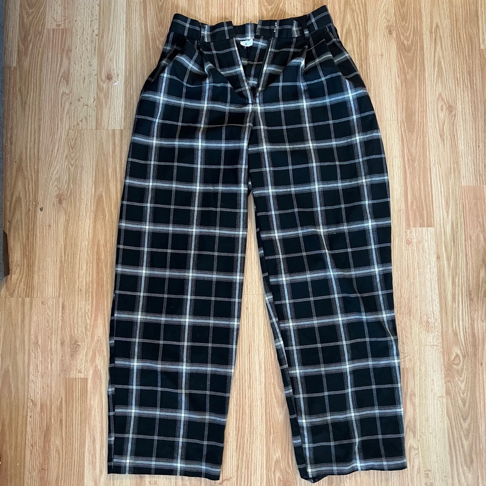 Black Plaid Wide-Leg Trousers